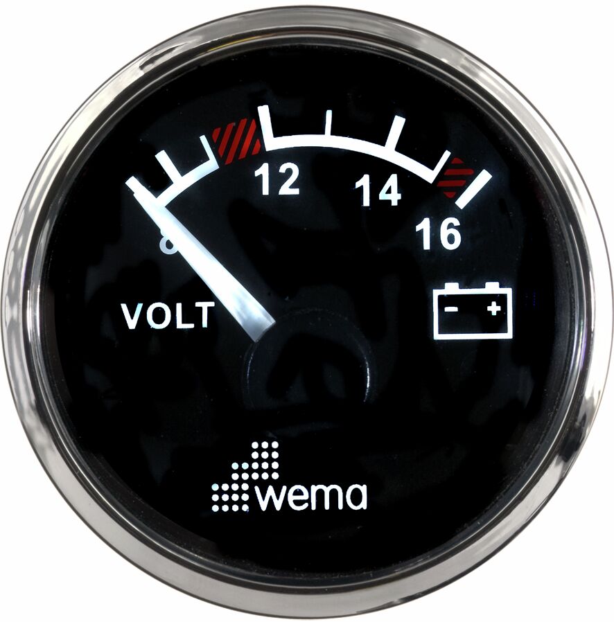 VOLTMETER 12V, BLACK/STAINLESS STEEL 1 VOLTMETER 12V, BLACK/STAINLESS STEEL