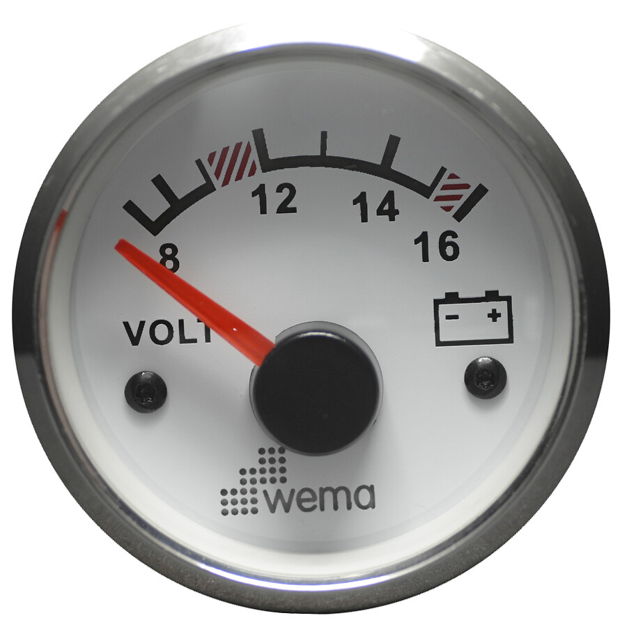 VOLTMETER 12V, WHITE/STAINLESS STEEL 1 VOLTMETER 12V, WHITE/STAINLESS STEEL
