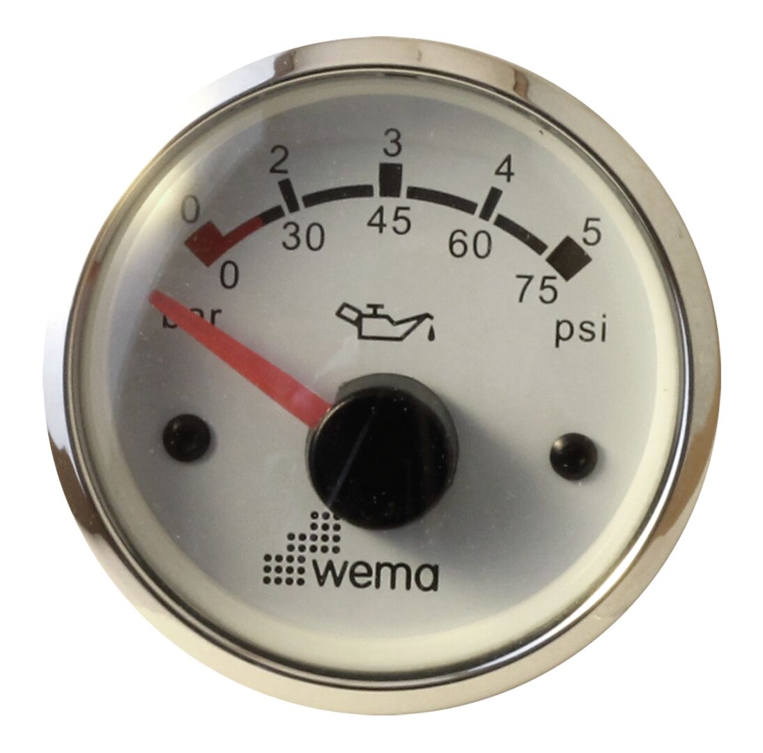 OIL PRESSURE GAUGE 5 BAR, WHITE/STAINLESS STEEL 1 OIL PRESSURE GAUGE 5 BAR, WHITE/STAINLESS STEEL
