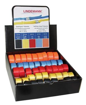 Display with tension straps, galvanized/PES 25mm, various lengths, assorted colors, 45-piece set.