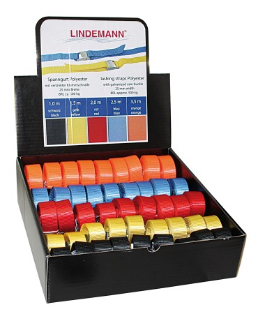 Display with tension straps, galvanized/PES 25mm, various lengths, assorted colors, 45-piece set. 1 Display with tension straps, galvanized/PES 25mm, various lengths, assorted colors, 45-piece set.
