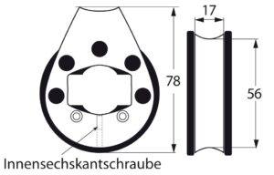 Reefing line block, spherical, 56mm, rope 12mm, for railing 25mm