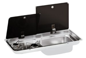 CAN built-in gas cooker FL1765 with 2 cooking zones, sink on the right, 2 glass lids
