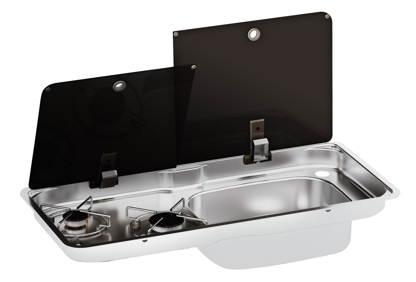 CAN built-in gas cooker FL1765 with 2 cooking zones, sink on the right, 2 glass lids 1 CAN built-in gas cooker FL1765 with 2 cooking zones, sink on the right, 2 glass lids