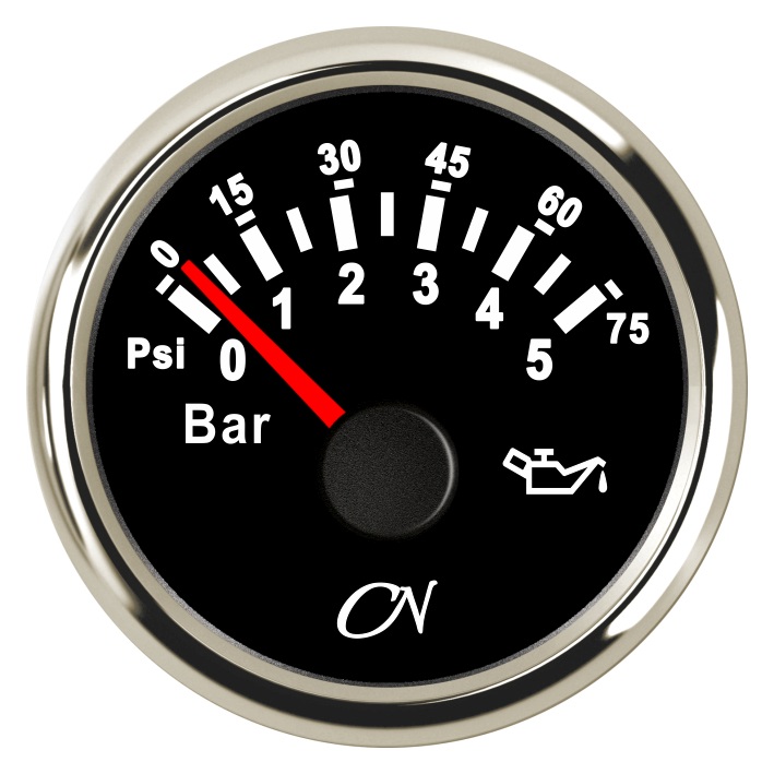 CN Analog Oil Pressure Gauge 12/24V 57mm 0-5bar Black/Chrome 1 CN Analog Oil Pressure Gauge 12/24V 57mm 0-5bar Black/Chrome