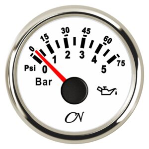 CN Analog Oil Pressure Gauge 12/24V 57mm 0-5bar White/Chrome