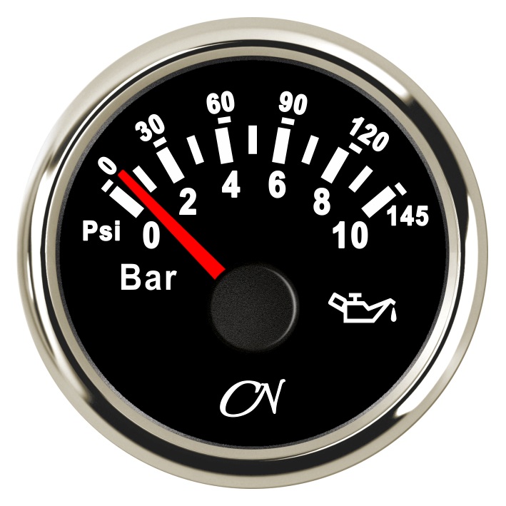 CN Analog Oil Pressure Gauge 12/24V 57mm 0-10bar Black/Chrome 1 CN Analog Oil Pressure Gauge 12/24V 57mm 0-10bar Black/Chrome