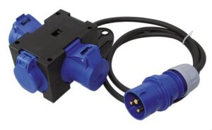 CEE distribution cable 230V 3-pole with plug and 2 sockets + Schuko, 1.5m