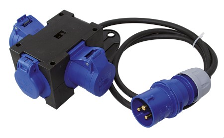 CEE distribution cable 230V 3-pole with plug and 2 sockets + Schuko, 1.5m 1 CEE distribution cable 230V 3-pole with plug and 2 sockets + Schuko, 1.5m