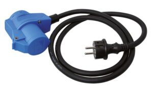 CEE adapter cable 230V 3-pin, angled coupling + Schuko to Schuko plug 1.5m
