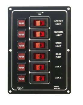 Switch panel with fuses, vertical aluminum 12V 37A 6-way 1 Switch panel with fuses, vertical aluminum 12V 37A 6-way