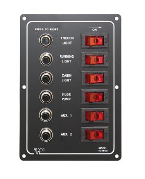 Switch panel with circuit breakers, vertical, aluminum, 12V, 37A, 6-way 1 Switch panel with circuit breakers, vertical, aluminum, 12V, 37A, 6-way
