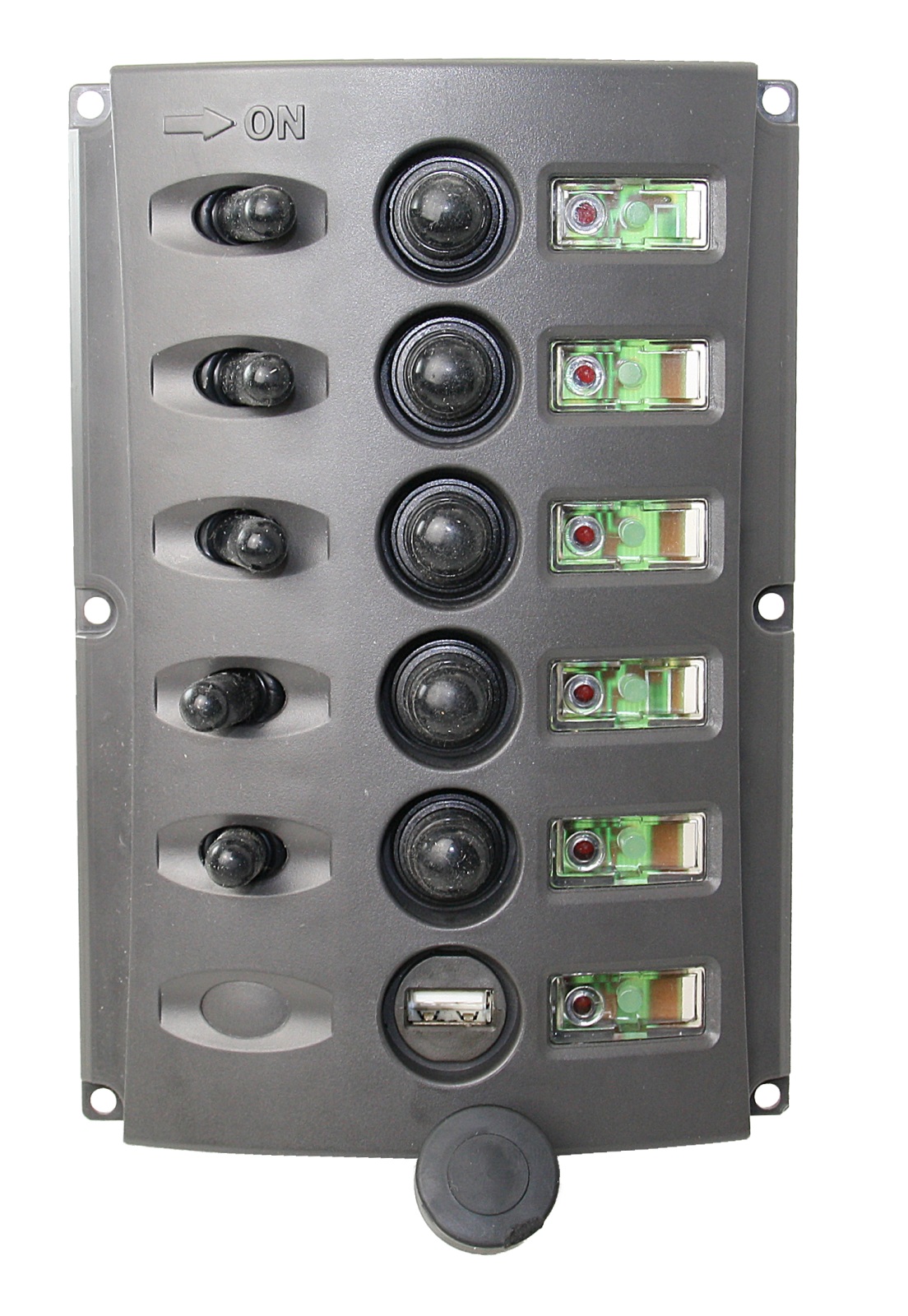 Switch panel with 5-way Nylon 37A circuit breakers + USB-A 1 Switch panel with 5-way Nylon 37A circuit breakers + USB-A
