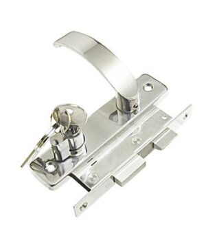 Mortise lock with door handle and cylinder lock. Stainless steel/brass left, exterior