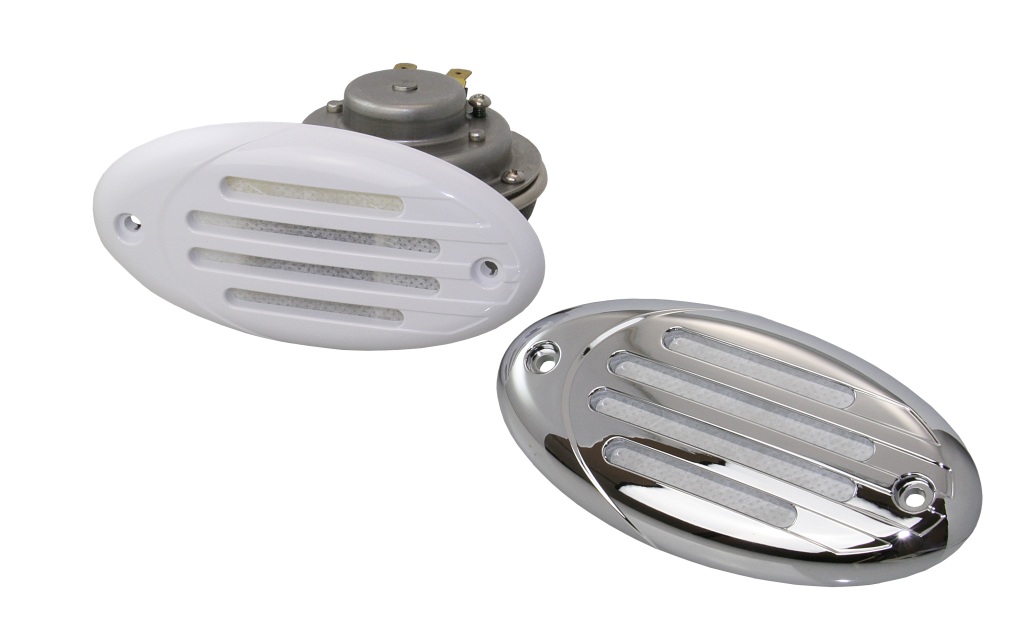 Built-in signal horn, stainless steel/ABS, 12V, 110dB, white or chrome 1 Built-in signal horn, stainless steel/ABS, 12V, 110dB, white or chrome