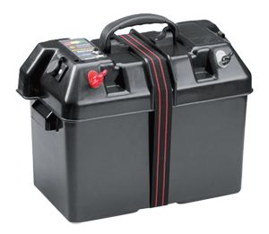 MINN KOTA battery box power center with external terminals and 2 sockets