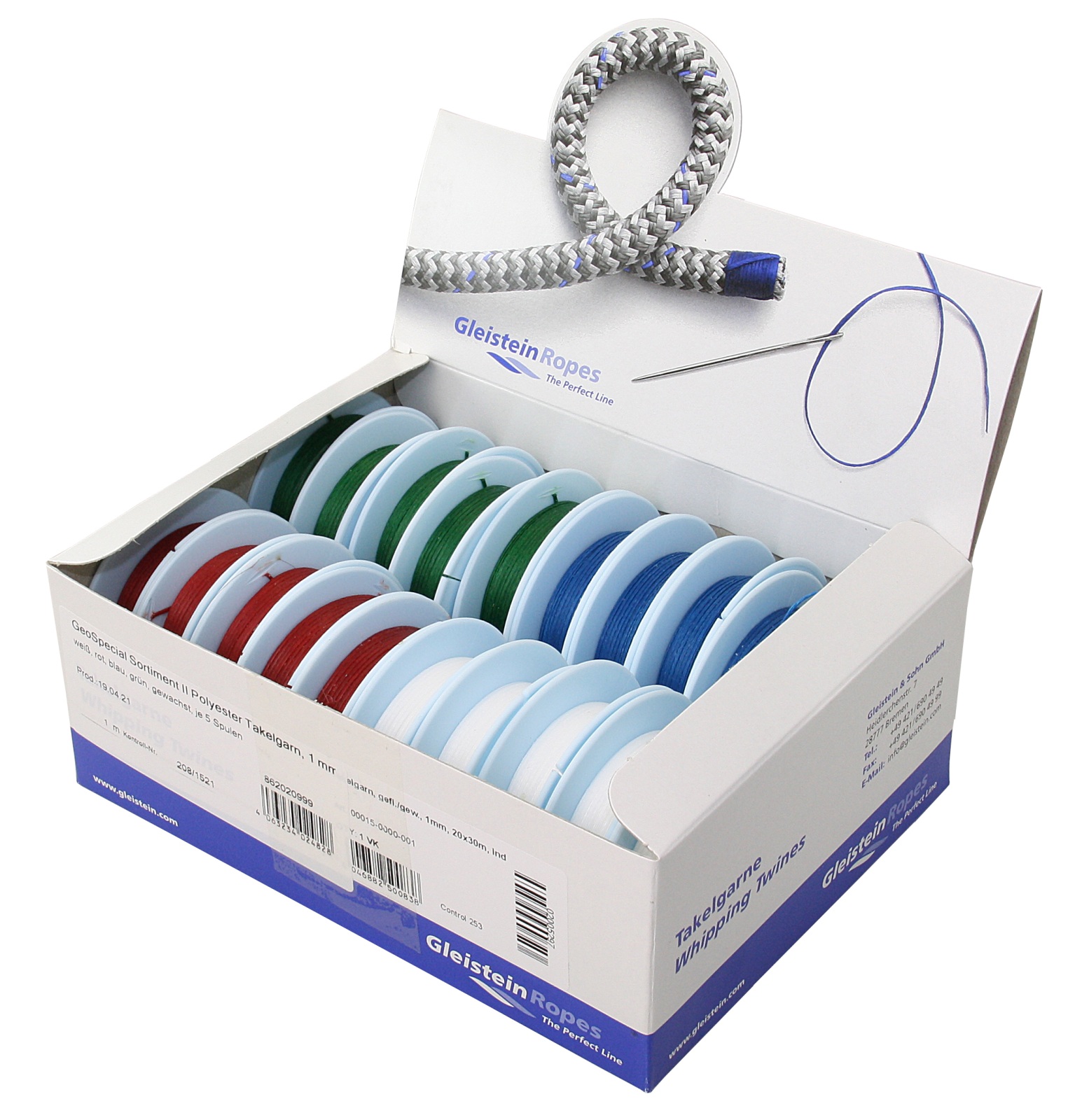 GLEISTEIN Rigging Twine Set, waxed, braided 1mm colour mix 30m 20pcs. 1 GLEISTEIN Rigging Twine Set, waxed, braided 1mm colour mix 30m 20pcs.