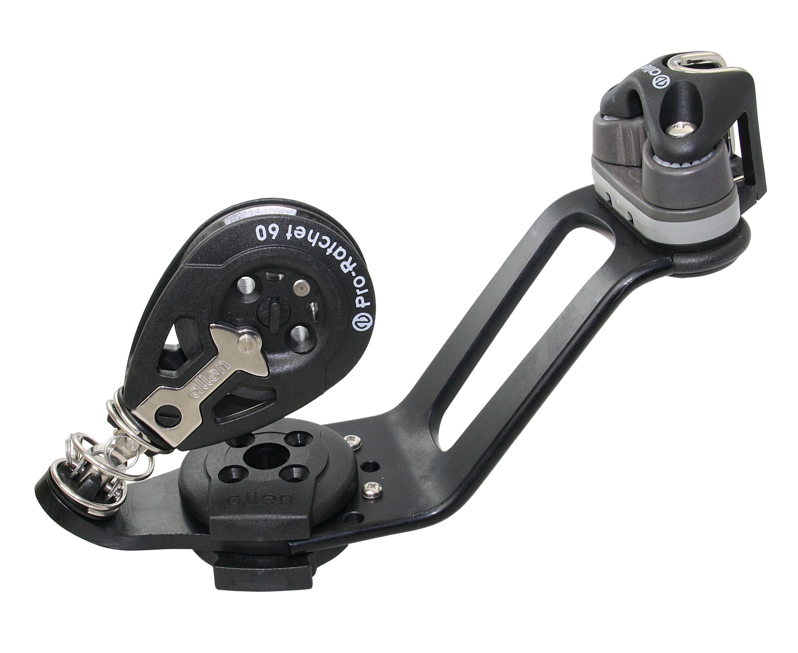 Swivel base with off-center ratchet block and clamp for 5-10mm rope 1 Swivel base with off-center ratchet block and clamp for 5-10mm rope