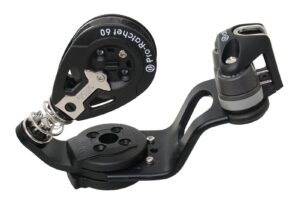 Swivel base with off-center ratchet block and clamp for 5-10mm rope