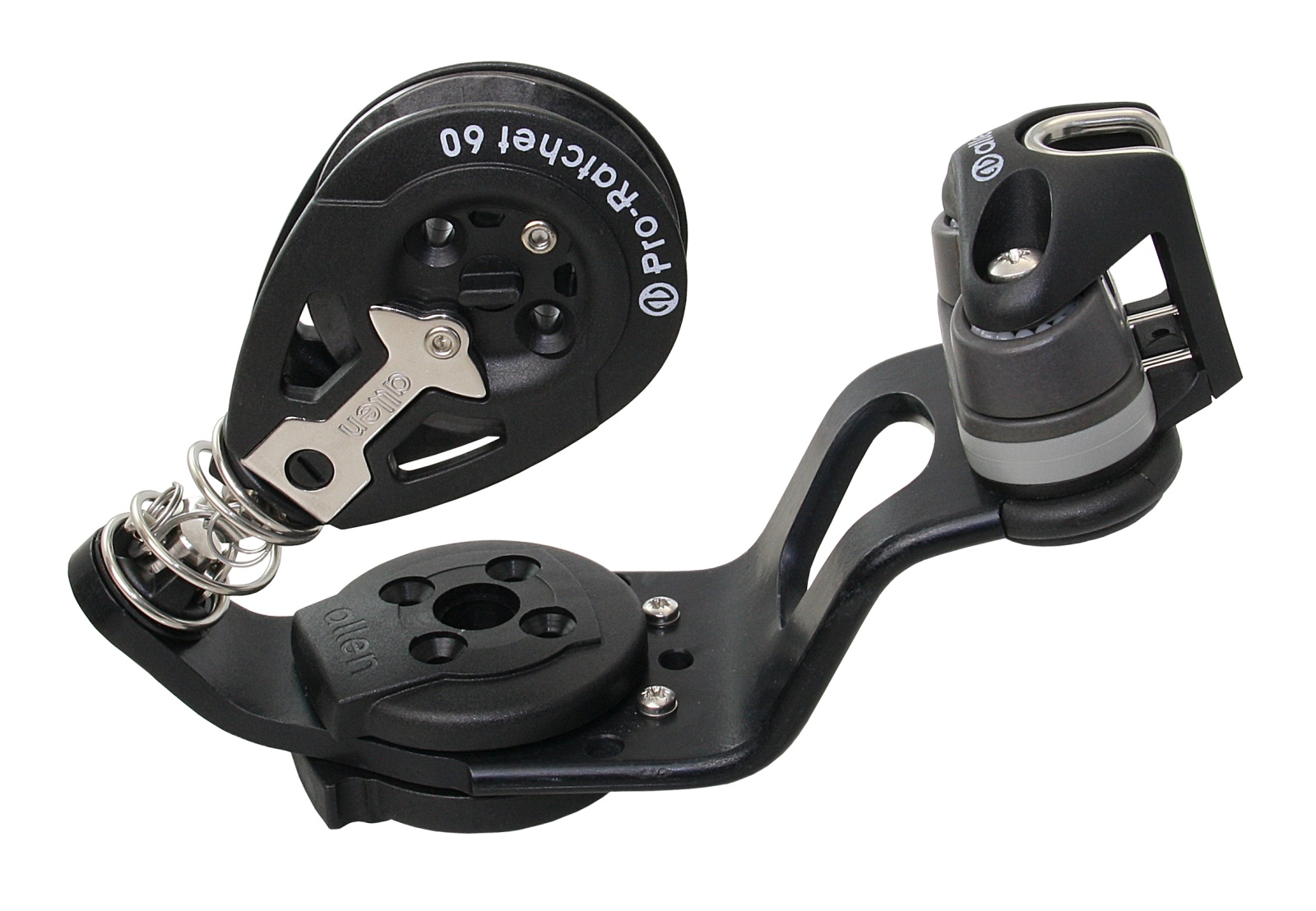 Swivel base with off-center ratchet block and clamp for 5-10mm rope 1 Swivel base with off-center ratchet block and clamp for 5-10mm rope