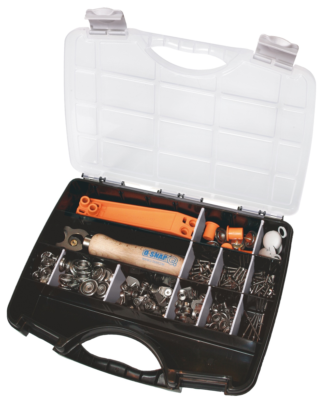 Q-SNAP Snap Fastener Starter Kit with 50 sets, tools and accessories, 317 pieces. 1 Q-SNAP Snap Fastener Starter Kit with 50 sets, tools and accessories, 317 pieces.