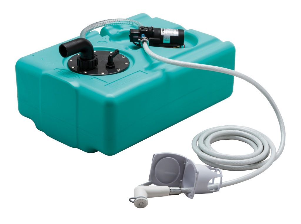 Rear shower complete system with 12V pump, 39L tank, 5m hose, shower head 1 Rear shower complete system with 12V pump, 39L tank, 5m hose, shower head