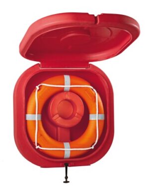 Lifebuoy container with flap according to ISO18421 red
