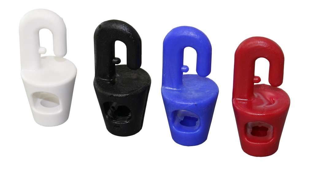 Plastic rope hooks for 4mm rope, black, 10 pieces. 1 Plastic rope hooks for 4mm rope, black, 10 pieces.