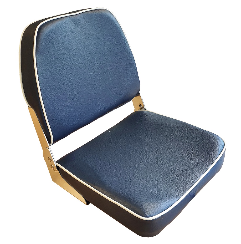 Classic helm seat/boat chair with flip-down mechanism, blue with white piping 1 Classic helm seat/boat chair with flip-down mechanism, blue with white piping