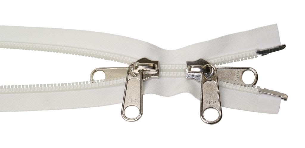 YKK two-way spiral zipper. Size 10 with metal double shutter. white 6m 1 YKK two-way spiral zipper. Size 10 with metal double shutter. white 6m