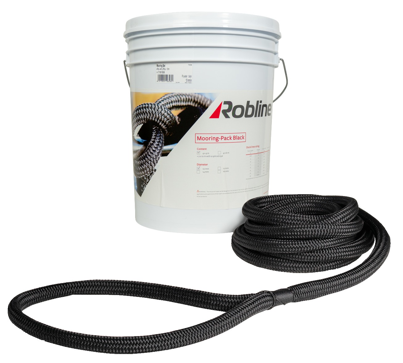 ROBLINE Mooring Rope Set, PES/PES, 14mm, eye, black, 4x6m/2x10m 1 ROBLINE Mooring Rope Set, PES/PES, 14mm, eye, black, 4x6m/2x10m
